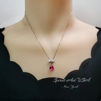 Pink Sapphire Necklace Ginkgo biloba Pendant - 18kgp @ Sterling Silver - Large Teardrop 3.5 CT Fuchsia Sapphire Jewelry Gemstone Leaf #868