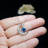 Blue Sapphire Necklace Gemstone Moon Pendant Sterling Silver Crescent - White Gold Plated Two Separated Pendant September Birthstone #231