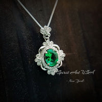 Luxury Emerald Necklace, Gemstone Flower - 18KGP @ Sterling Silver - Victoria Style Green Emerald Pendant - May Birthstone #625