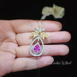 Teardrop Pink Sapphire Necklace Full Sterling Silver olive branch 2.5 Ct Pear Cut Gold Plated the Tree Of Life Pendant Fuchsia Gemstone #852