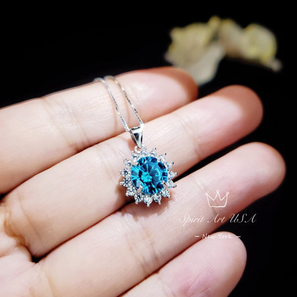 Blue Topaz Necklace - White Gold coated Sterling Silver Princess Diana Style Halo Sunflower 2 CT Blue Topaz Jewelry #171