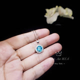 Blue Topaz Necklace - White Gold coated Sterling Silver Princess Diana Style Halo Sunflower 2 CT Blue Topaz Jewelry #171