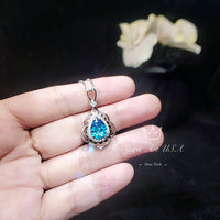 Large Blue Topaz Necklace Sterling Silver - White Gold coated - November Birthstone - 3 CT Gemstone Flower Swiss Blue Topaz Pendant #752