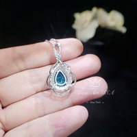 Large Blue Topaz Necklace Sterling Silver - White Gold coated - November Birthstone - 3 CT Gemstone Flower Swiss Blue Topaz Pendant #752