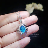 Large Blue Topaz Necklace Sterling Silver - White Gold coated - November Birthstone - 3 CT Gemstone Flower Swiss Blue Topaz Pendant #752