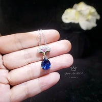 Blue Sapphire Necklace Ginkgo biloba Leaf Pendant Large 4 CT Teardrop Lab Created Blue Sapphire Pendant 18KGP Sterling Silver #818B