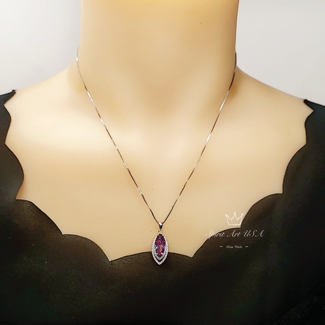 Genuine Marquise Amethyst Necklace, Sterling Silver - White Gold Coated Double Diamond Halo - Large 3 CT Created synthetic Diamond Leaf