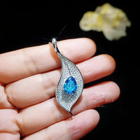 Gemstone Leaf Blue Topaz Necklace - White Gold coated Sterling Silver - Teardrop 2.75 CT Swiss Blue Topaz Jewelry - November Birthstone #983