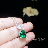 Four leaf clover Emerald Necklace - Cushion Cut 5 CT - Green Emerald Pendant - Diamond Flower Bail White Gold coated Sterling Silver #521