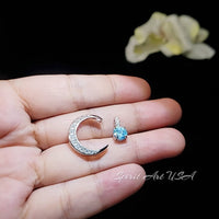 Tiny Aquamarine Gemstone Moon Necklace Sterling Silver Crescent Blue Aquamarine Pendant March Birthstone Double Pendant Jewelry #224