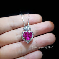 Gorgeous 3 ct Pink Sapphire Heart Necklace - White gold coated Sterling Silver - Gemstone Halo Fuchsia Color heart Pendant #575