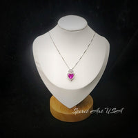 Gorgeous 3 ct Pink Sapphire Heart Necklace - White gold coated Sterling Silver - Gemstone Halo Fuchsia Color heart Pendant #575