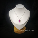 Gorgeous 3 ct Pink Sapphire Heart Necklace - White gold coated Sterling Silver - Gemstone Halo Fuchsia Color heart Pendant #575