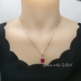 Petal Flower Pink Sapphire Necklace - Fuchsia Color - 18KGP @ Sterling Silver - Faceted Rectangle 5 CT Pink Sapphire #755