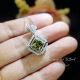 Diamond Crown Square Peridot Necklace 18KGP @ Sterling Silver - Double Halo 0.9 CT Green Peridot Pendant Jewelry - August Birthstone #033