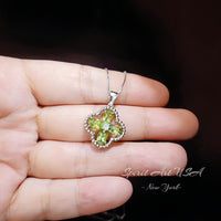 Genuine Green Peridot Necklace, 925 Sterling Silver Four Leaf Clover Necklace, Natural Peridot Pendant August Birthstone Leaf Jewelry #233