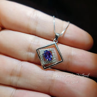 Tiny Geometric Tanzanite Necklace Blue Gemstone white gold at Sterling Silver Double Square Jewelry - Tanzanite Pendant 031