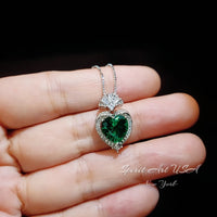 Large Green Emerald Heart Necklace - White Gold coated Sterling Silver - 4 CT Green Emerald Pendant #576