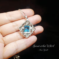 Large Blue Topaz Necklace - Faceted Rectangle 5 CT Swiss Blue Topaz Pendant - Gemstone Flower of Prosperity - 18kGP Sterling Silver #893