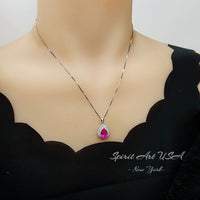 Double Halo Teardrop Pink Topaz Necklace - Gemstone Halo Teardrop Fuchsia Sapphire Pendant - 3 ct White Gold Coated Sterling Silver #758