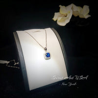 Tiny Square Blue Sapphire Necklace Sterling Silver Halo White Gold Coated September Birthstone Lab Created Minimalist 028