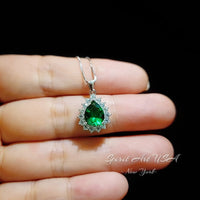 Teardrop Emerald Necklace Sterling Silver Gemstone Pear Halo White Gold Plated 2.5 CT Green Emerald Pendant jewelry #138