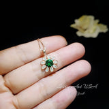 Emerald Necklace - Rose Gold Coated Sterling Silver Sunflower Necklace - Tiny Green Emerald Jewelry 089