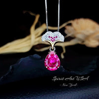 Pink Sapphire Necklace Ginkgo biloba Pendant - 18kgp @ Sterling Silver - Large Teardrop 3.5 CT Fuchsia Sapphire Jewelry Gemstone Leaf #868