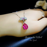 Pink Sapphire Necklace Ginkgo biloba Pendant - 18kgp @ Sterling Silver - Large Teardrop 3.5 CT Fuchsia Sapphire Jewelry Gemstone Leaf #868