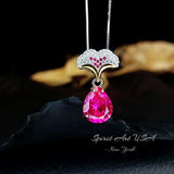 Pink Sapphire Necklace Ginkgo biloba Pendant - 18kgp @ Sterling Silver - Large Teardrop 3.5 CT Fuchsia Sapphire Jewelry Gemstone Leaf #868