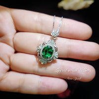 Luxury Emerald Necklace, Gemstone Flower - 18KGP @ Sterling Silver - Victoria Style Green Emerald Pendant - May Birthstone #625