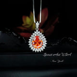 Double Halo Sunstone Necklace - Gemstone Halo Teardrop Orange Sapphire Pendant - 3 ct White Gold Coated Sterling Silver #678