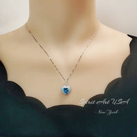 Blue Topaz Necklace - Double Halo Blue Heart Pendant, Ocean Heart Blue Topaz Jewelry - White Gold Sterling Silver #362