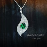 Emerald Necklace - Single Gemstone Pave Leaf Necklace - 18KGP @ Sterling Silver - Teardrop 2.75 CT Green Emerald Pendant #904