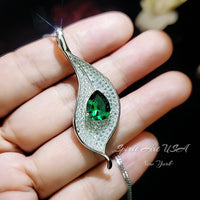 Emerald Necklace - Single Gemstone Pave Leaf Necklace - 18KGP @ Sterling Silver - Teardrop 2.75 CT Green Emerald Pendant #904B