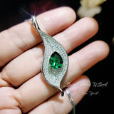 Emerald Necklace - Single Gemstone Pave Leaf Necklace - 18KGP @ Sterling Silver - Teardrop 2.75 CT Green Emerald Pendant #904