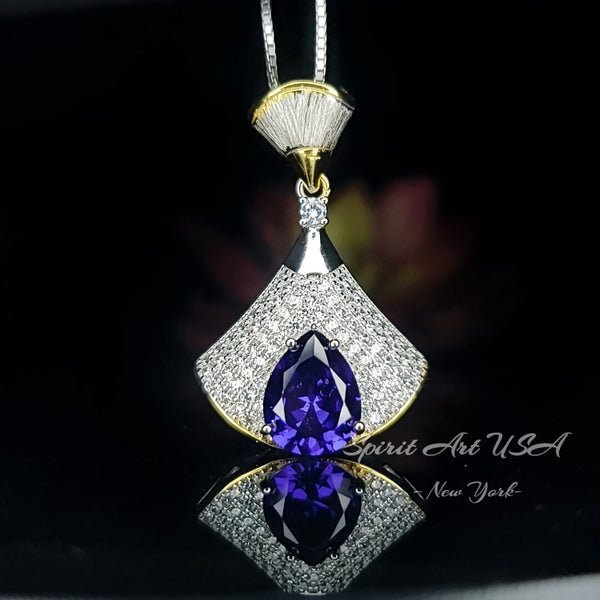 Blue Tanzanite Necklace - 18K @ Sterling Silver - Gemstone Teardrop Halo Blue Tanzanite Jewelry - December Birthstone #902