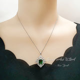 Gorgeous Green Chrome Diopside Necklace - Gemstone Flower Sterling Silver White Gold Coated - Faceted Rectangle 5 CT Diopside Pendant #826