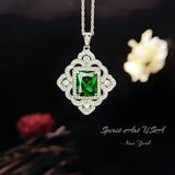 Gorgeous Green Chrome Diopside Necklace - Gemstone Flower Sterling Silver White Gold Coated - Faceted Rectangle 5 CT Diopside Pendant #826