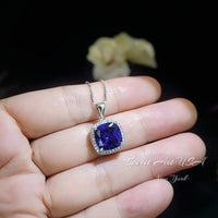 Large Tanzanite Necklace - 18KGP @ Sterling Silver - Halo Square Cushion Deep Blue 5CT Tanzanite #696