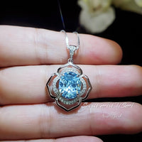 Flower of Life large Blue Aquamarine Necklace - Full Sterling Silver made White gold coated - 4.2 CT Large Aquamarine Pendant #698