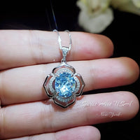 Flower of Life large Blue Aquamarine Necklace - Full Sterling Silver made White gold coated - 4.2 CT Large Aquamarine Pendant #698