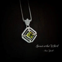 Diamond Crown Square Peridot Necklace 18KGP @ Sterling Silver - Double Halo 0.9 CT Green Peridot Pendant Jewelry - August Birthstone #033