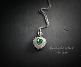 Double Halo Emerald Heart Necklace - Full Sterling Silver - May Birthstone - Tiny Green Gemstone Emerald Jewelry -18KGP #294