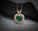 Double Halo Emerald Necklace - Rose gold coated Sterling Silver - 8 MM 2.1 Ct Solitaire Green Heart Emerald Pendant Jewelry #493