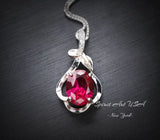 Sterling Silver Red Ruby Necklace 2.1 CT Solitaire Red Ruby Flower Petal Pendant Sterling Silver White Gold Plated July Birthstone #206