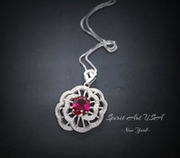 Gemstone Peony Red Ruby Necklace , 2.1 CT Red Ruby Pendant , Large White Gold plated Sterling Silver Flower #761