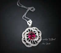 Gemstone Peony Red Ruby Necklace , 2.1 CT Red Ruby Pendant , Large White Gold plated Sterling Silver Flower #761