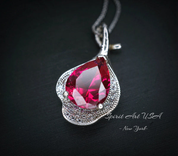 Ruby Necklace , Sterling Silver Leaf Lily flower 2 CT Teardrop Red Ruby Pendant - 18kgp @ Sterling Silver - Pear Cut July Birthstone #234