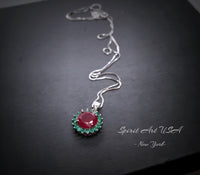 Large Round Ruby Necklace - Halo Circle 4 ct Red Ruby Pendant - White Gold coated Sterling Silver - July Birthstone #396